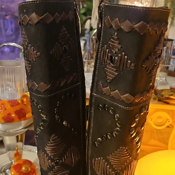 Mark Nason Black and Brown Embellished Long Zipper Boots - Picture 2 of 8